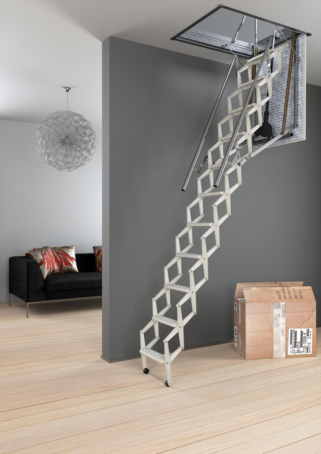 Space saving electric loft ladder providing convenient and safe access to lofts and attics