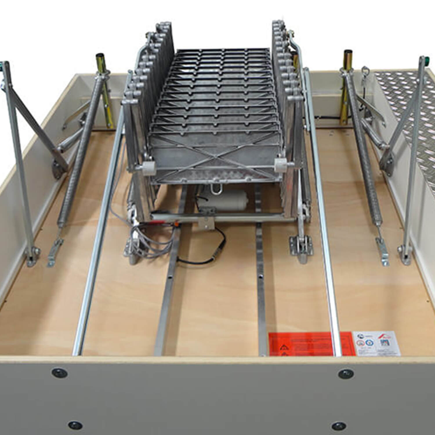 Supreme electric loft ladder with custom hatch Supreme electric custom loft ladder with extra wide hatch and aluminium footplate