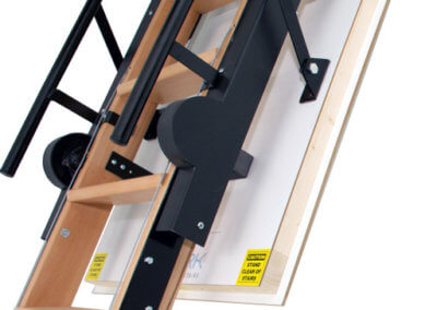 Skylark folding attic stairs. Featuring hardwood ladder and high-strength steel brackets.