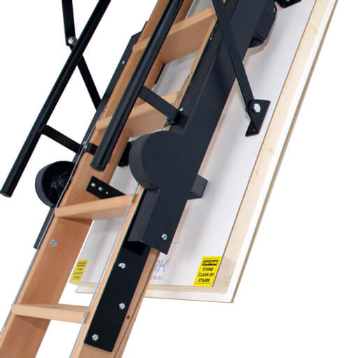 Skylark folding attic stairs. Featuring hardwood ladder and high-strength steel brackets.