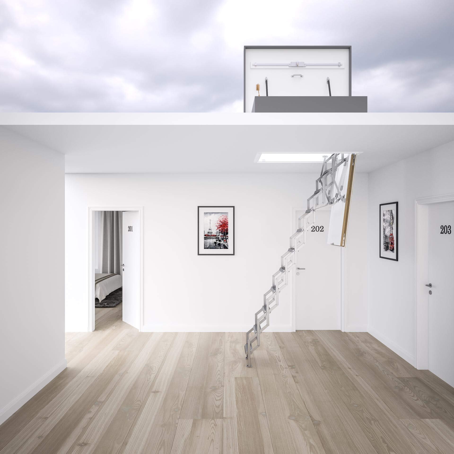 Concertina loft ladder with roof hatch, Ecco from Premier Loft Ladders. Weather resistant flat roof hatch