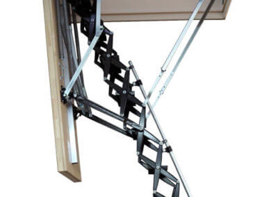 Electric loft ladder with custom black powder cost finish and low noise electric motor. The Supreme Electric from Premier Loft Ladders