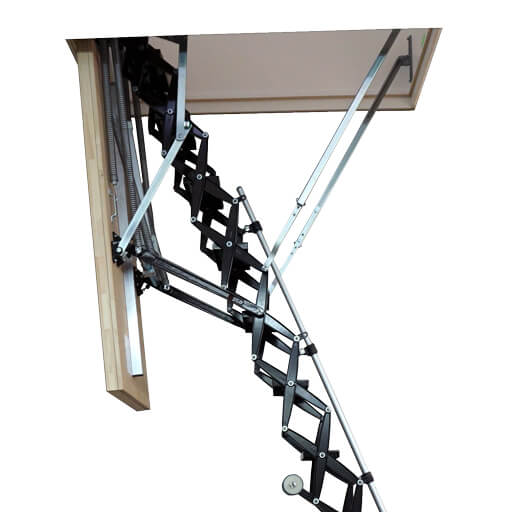 Electric loft ladder with custom black powder cost finish and low noise electric motor. The Supreme Electric from Premier Loft Ladders