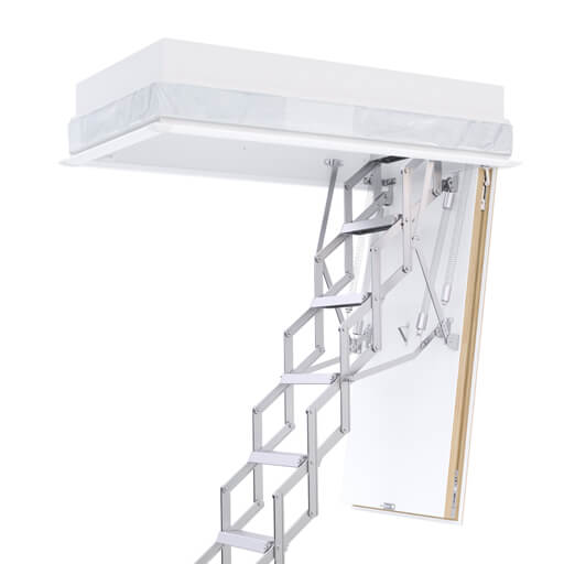 Compact concertina loft ladder with insulated hatch box. Ideal for truss roof. The Ecco concertina loft ladder from Premier Loft Ladders