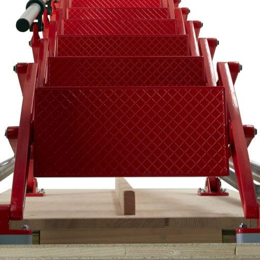 Wide loft ladders. The Supreme has treads as wide as 580mm. Shown hear in red powder coat finish. Premier Loft Ladders