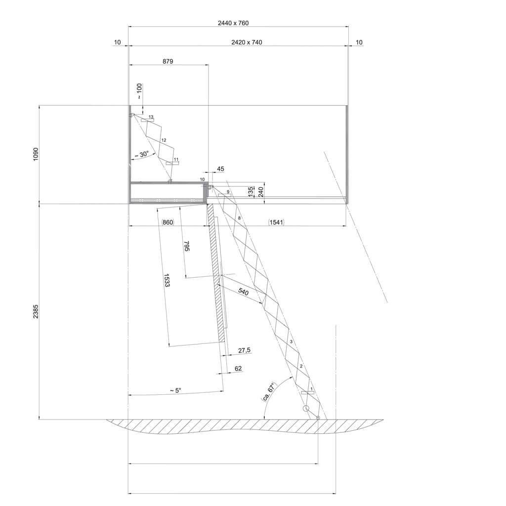 Custom loft hatch with electric ladder drawing. Premier Loft Ladders