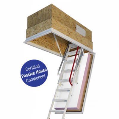 Passivhaus loft ladder. Klimatec 160. Highly insulated and fire rated hatch box. High strength steel ladder.
