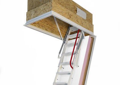 Passivhaus loft ladder. Klimatec 160. Highly insulated and fire rated hatch box. High strength steel ladder.