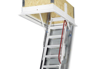 Isotec fire rated loft ladder. Highly insulated, airtight and fire rated hatch. High strength steel folding ladder.