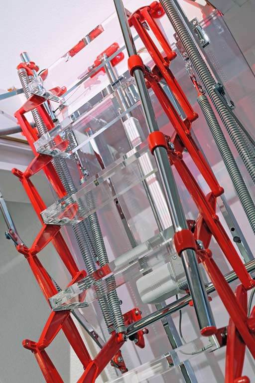 Future loft ladder concept. Transparent trapdoor and treads