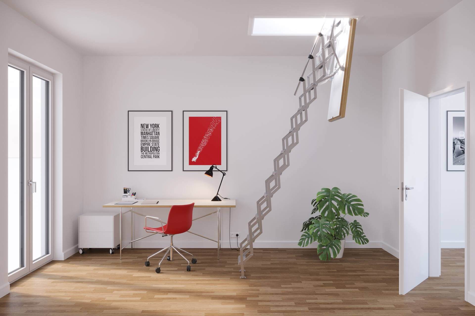 MiniLine fire rated concertina loft ladder. Ideal for office repurposing and refurbishment projects. Premier Loft Ladders