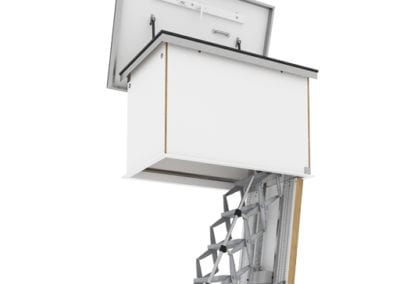 Supreme Electric Ladder with Flat Roof Access Hatch. Fully automatic retractable ladder with insulated and airtight roof access hatch. Premier Loft Ladders