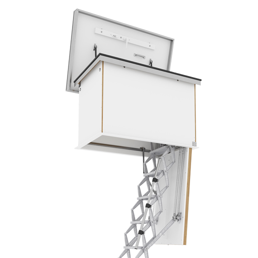 Heavy duty commercial concertina ladder with insulated roof hatch. Supreme with flat roof access hatch. Premier Loft Ladders