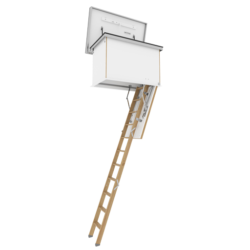 Wooden loft ladder with flat roof access hatch
