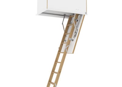 Wooden ladder with insulated flat roof access hatch