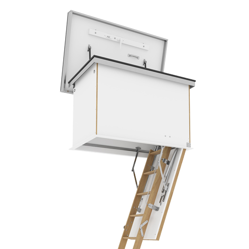 Flat Roof Access Hatch with Wooden Ladder. Insulated and weather-resistant roof access hatch. 3-part folding ladder.