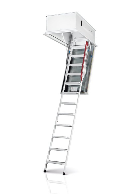 Eurostep loft ladder. 3-part folding steel loft ladder with fire-rated hatch
