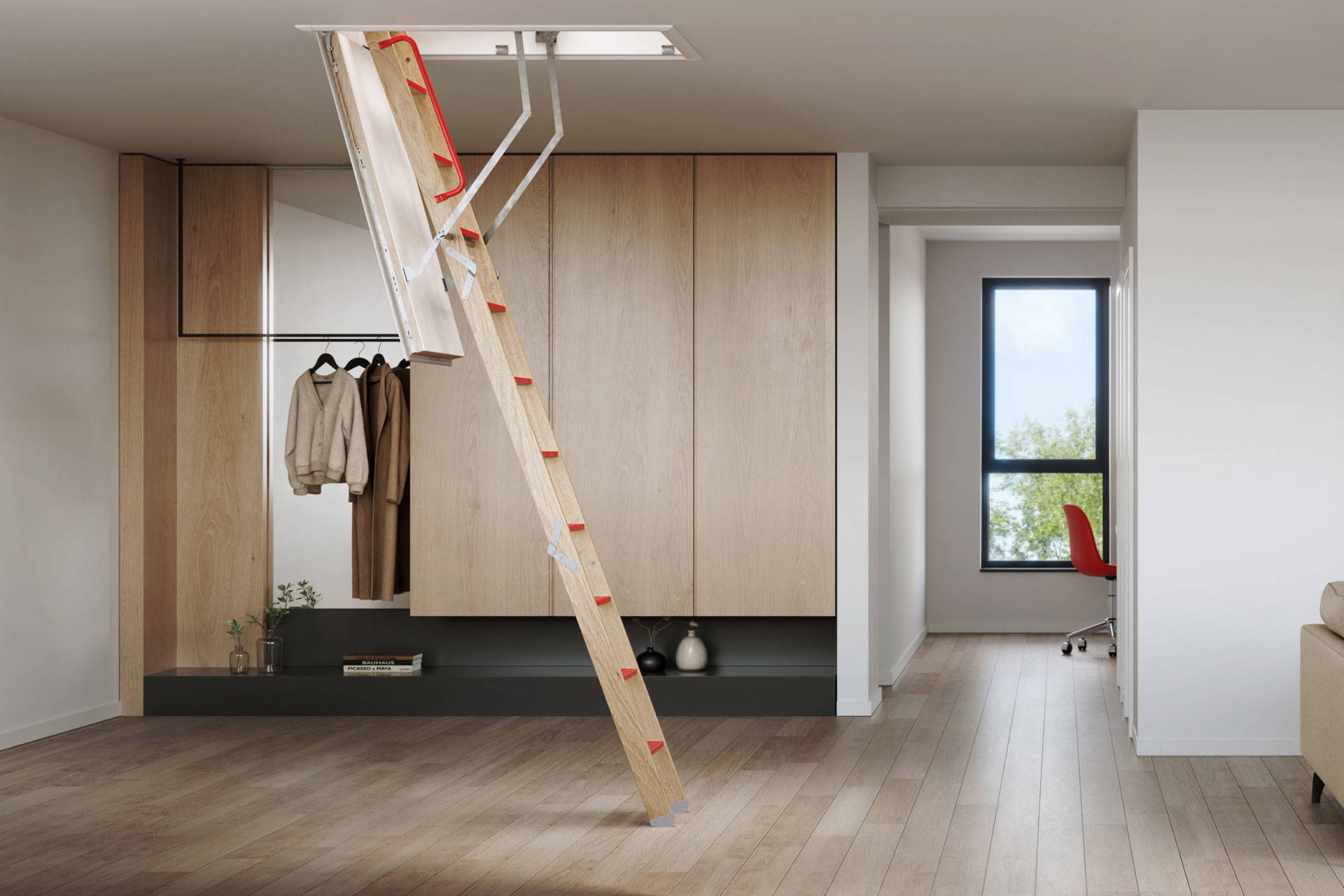 Insulated loft hatch and wooden ladder to keep in the warmth. Shown in a modern home.
