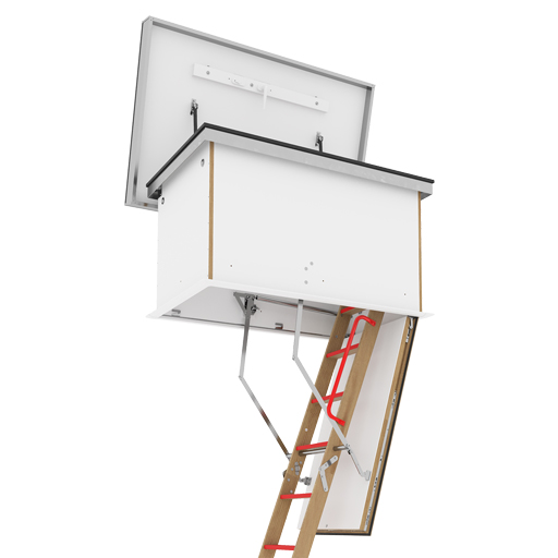 Wooden Loft Ladder with Flat Roof Access Hatch. Available from Premier Loft Ladders