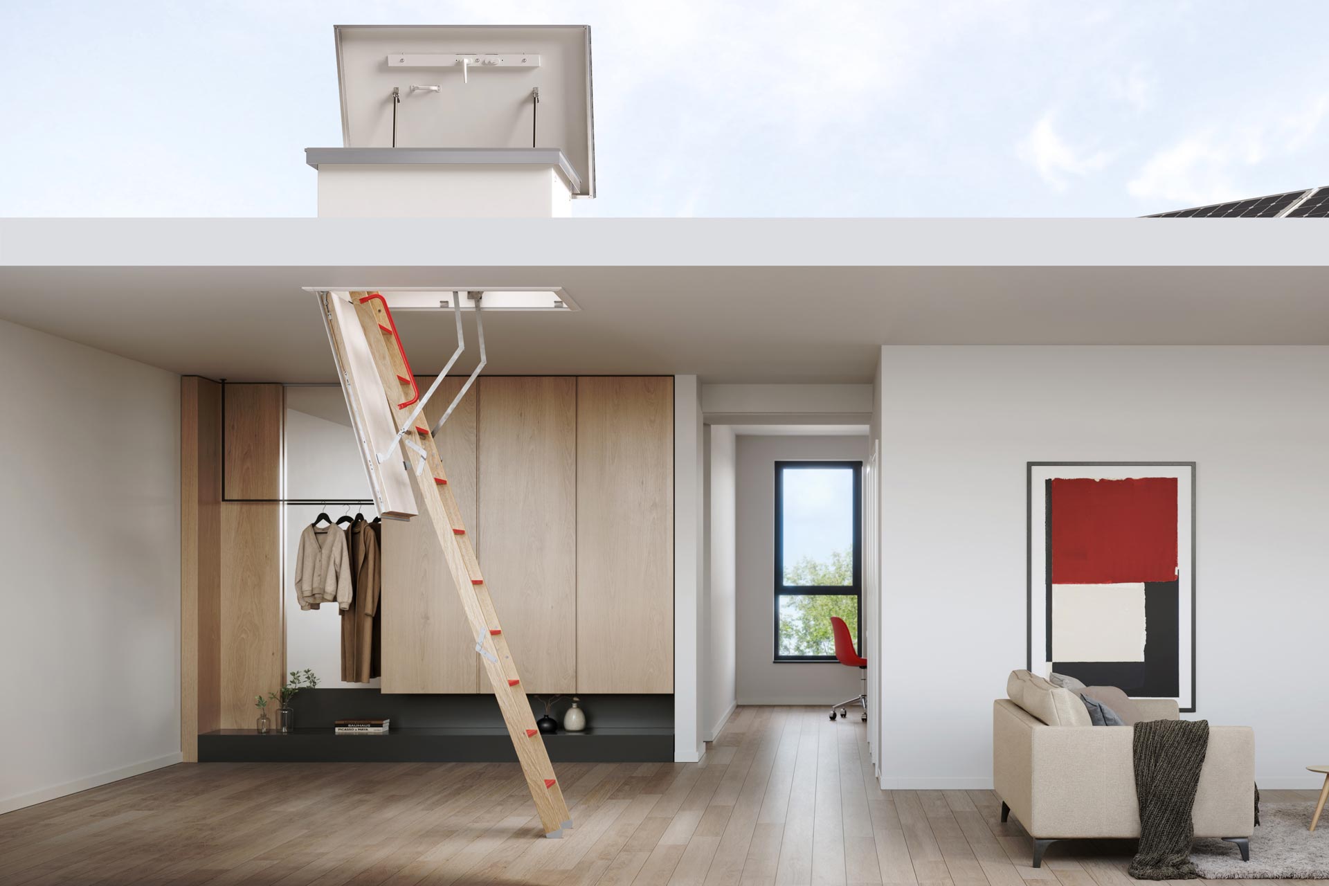 Wooden ladder with flat roof access hatch. Highly insulated and airtight, with 180kg per tread load rating.